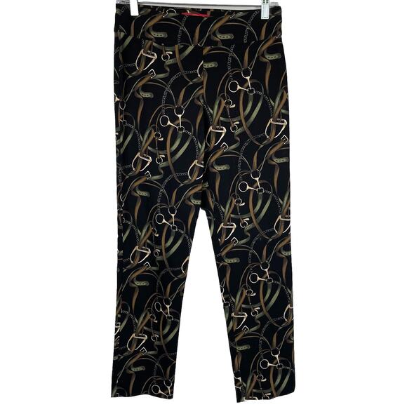 Crazy Larry Pull On Pants Women 4 Black Equestrian Tack Horse Print Stretch USA - Picture 1 of 9
